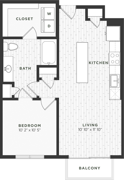 Floor plan for 1 bed, 1 bath, 697 sqft